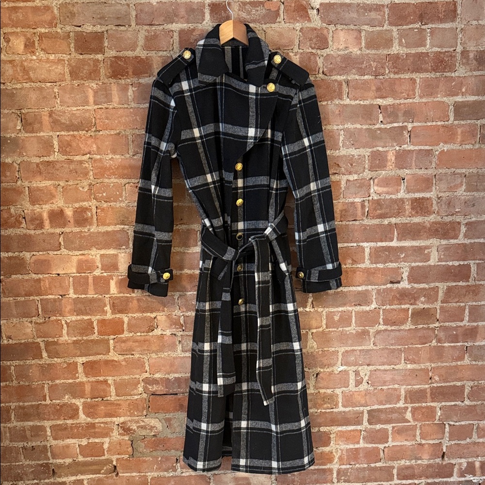 Chic Black and Gray Plaid Trench Coat